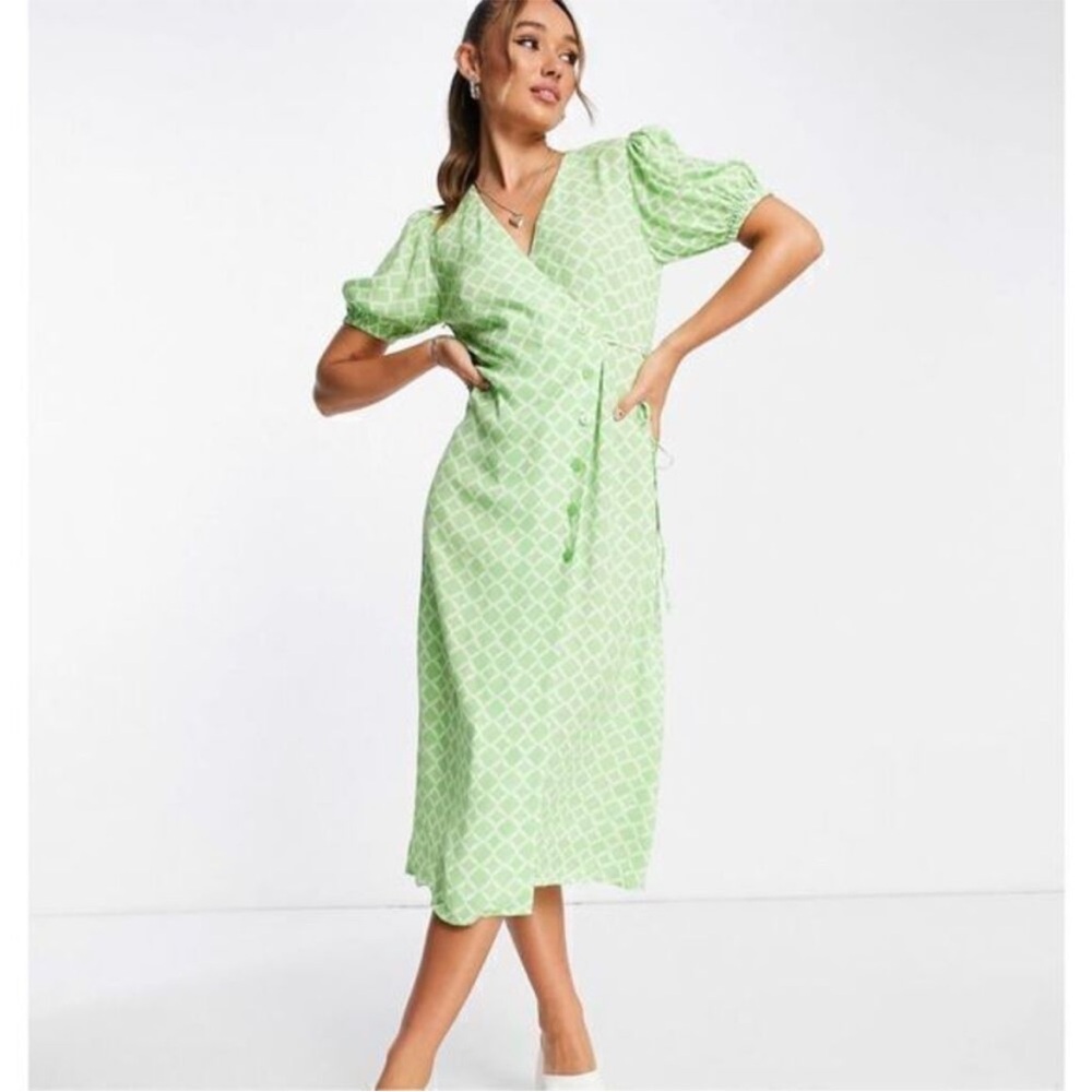 Mango Women’s XL Green Printed Puff Sleeves Midi Dress